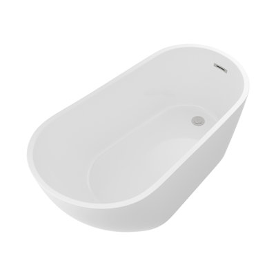 59"x29.5" Freestanding Slipper Soaking Acrylic Oval Shape Bathtub with Chrome Pop-up Drainer Glossy White Bath Tub with Chrome Overflow Drain