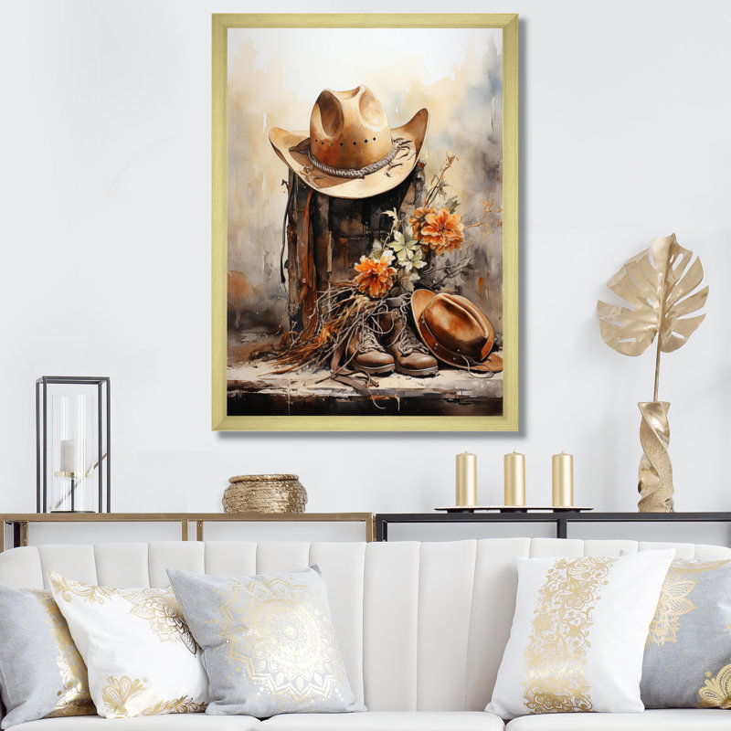 Yerly minimalisme, chapeau de cowboy et botte II - Cowboys, art mural, Encadrement doré, H 44 po x l 34 po x P 1,5 po