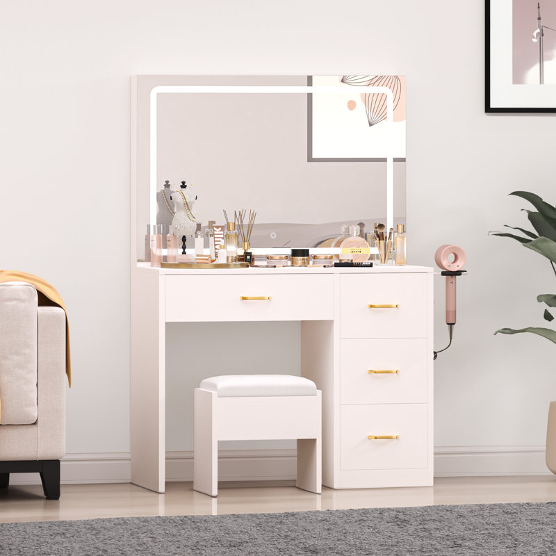 Vanity Built-In Outlets With Lighted Mirror, White
