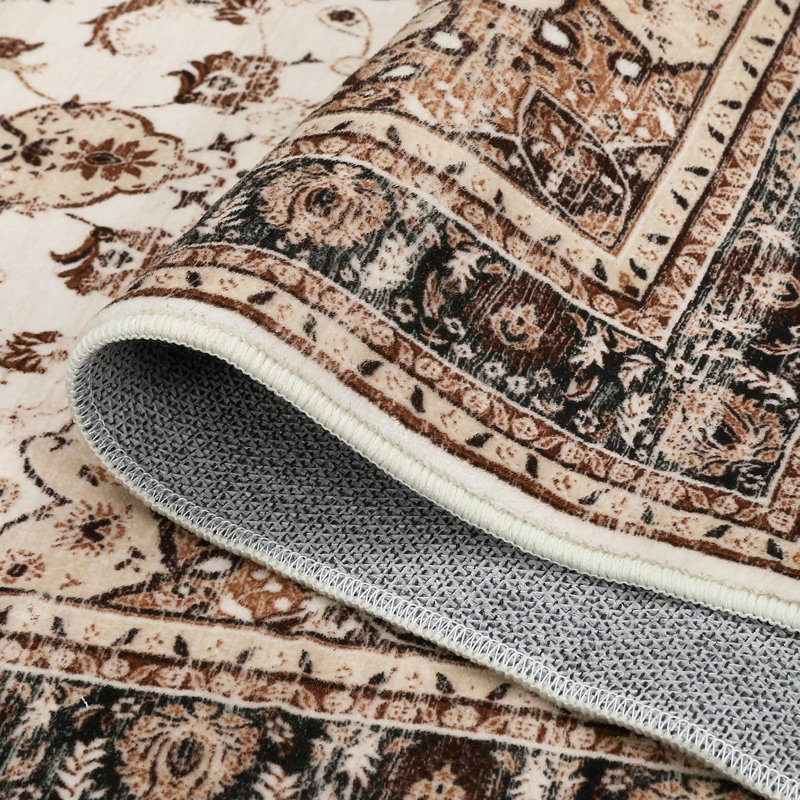 Washable Area Rug, Vintage Medallion Low Pile Non Slip Foldable Indoor Carpet, TPR Backing, Natural Tone, 10'x13', Brown