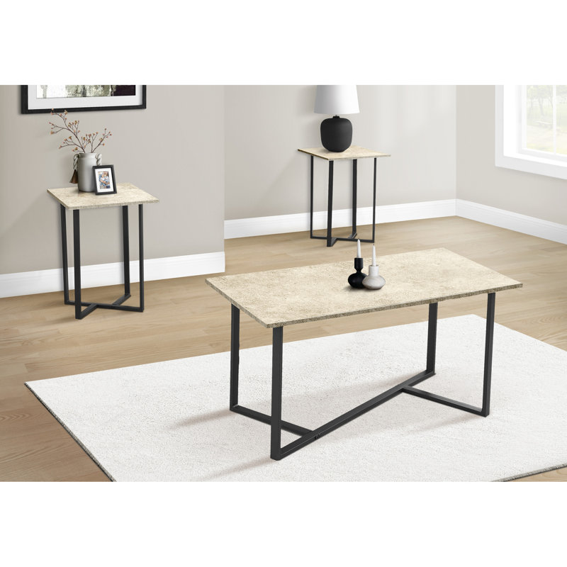 Élégante table 3 pièces avec finition stratifiée en pierre crème, structure en métal noir, tables basses et de bout rectangulaires, métal de style salon, décor assorti