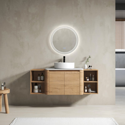 Meuble-lavabo de 54 po avec lavabo d'art en céramique, 2 tablettes de rangement, portes en contreplaqué à fermeture en douceur, style moderne, 45 poignées à bord incliné avec tablettes et portes, base en contreplaqué, fonction silencieuse