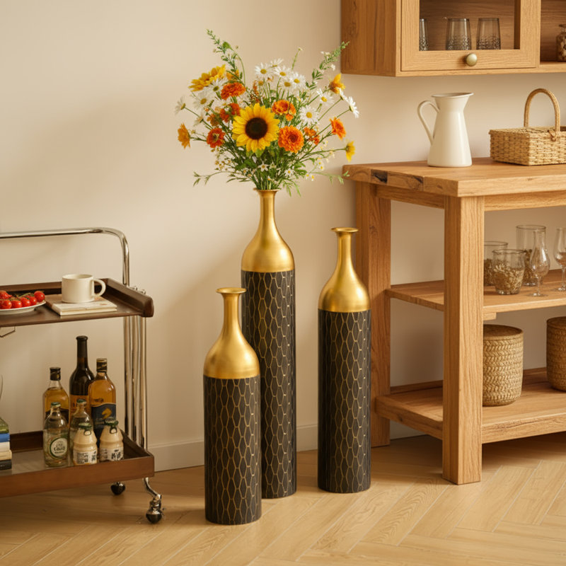 Grand vase de plancher en métal noir et doré