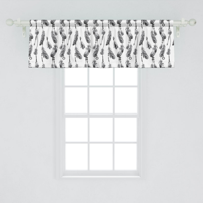Charcoal Grey and White Feather Print Rod Pocket Valance Set