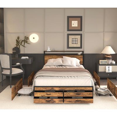 Queen Size Metal Bed Frame With 8 Drawers, Led Headboard & Charging Point, No Box Spring, Noise-, Stable, Sky Blue Brown Nutmeg