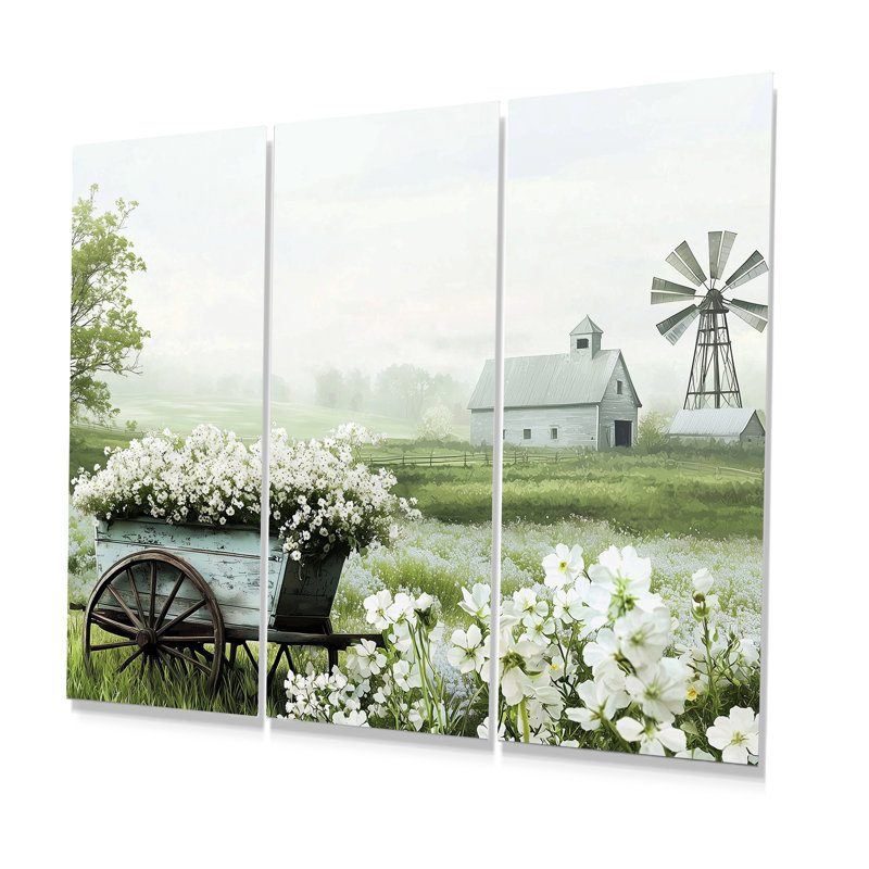 Ensemble de salon à la ferme avec fleurs blanches et vertes I - Farm Farm Wall Wall, H 28 po x l 36 po x P 1 po, Métal métal