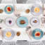 Ensemble 16 pièces de vaisselle à motif floral en relief bleu et blanc pour 4 personnes, motif en relief sur assiettes, bols et tasses
