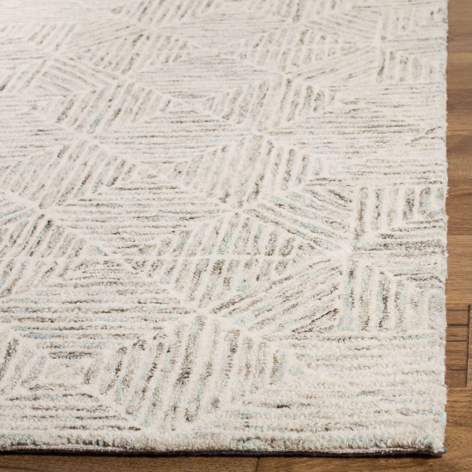 Linsly Ivory Light Blue Hand-Tufted Wool Rug, Square 6'
