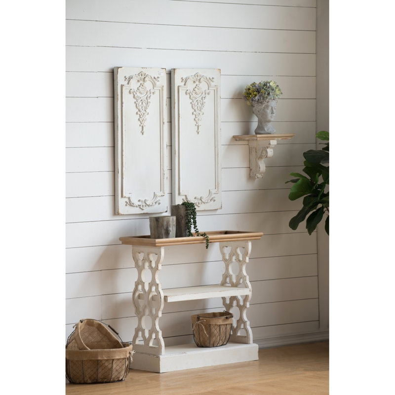 Console 35,5 po x 14 po x 32 po en bois vieilli blanc et naturel, console de style champêtre