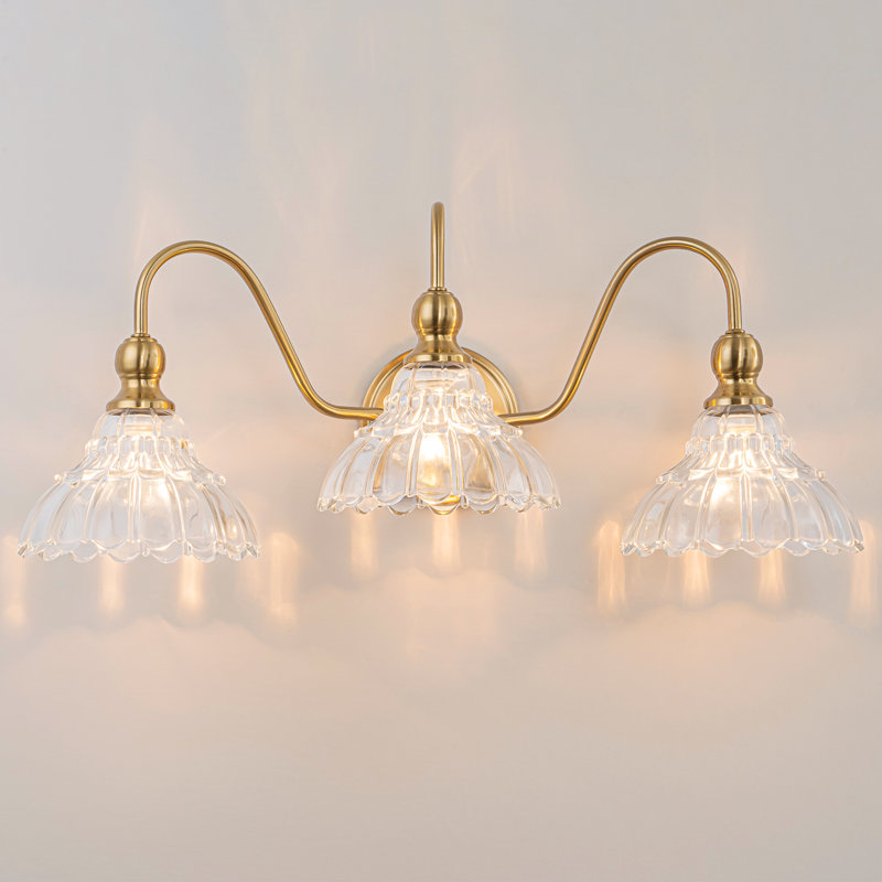 Luminaire de salle de bain rétro au-dessus d'un miroir, applique murale en laiton 3 lumières avec abat-jour en verre fleuri