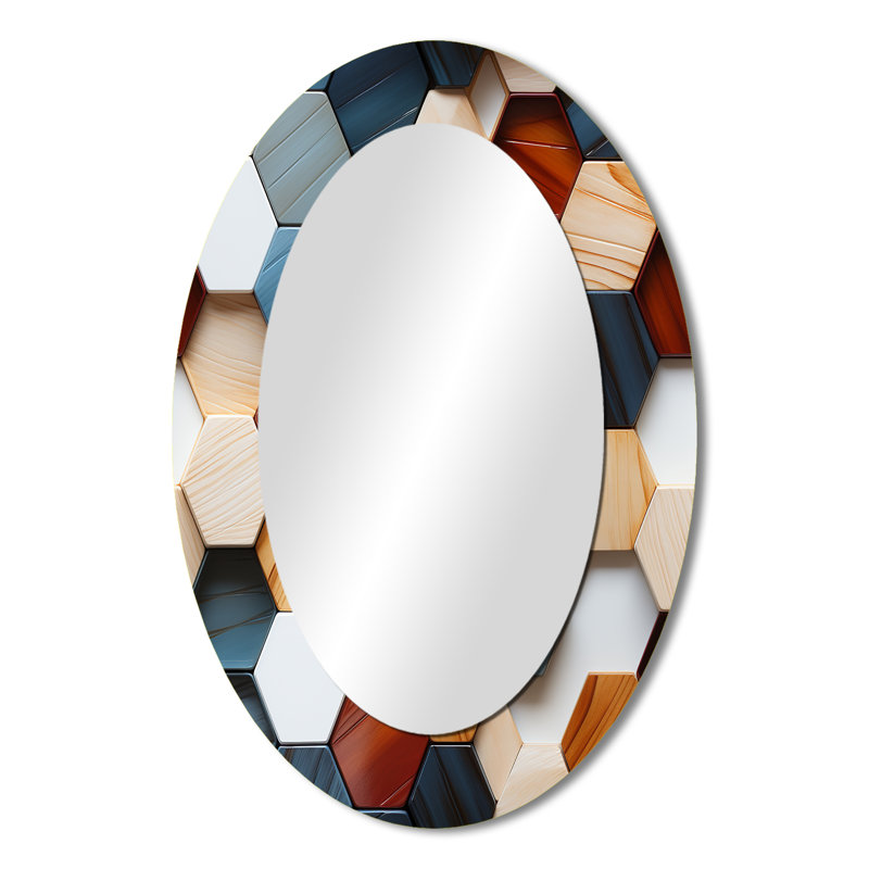 Hexagones orange et gris - Grand miroir mural ovale sur métal, 36 po x 24 po
