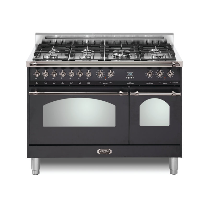 Lofra Dolcevita Series 48 Inch Dual Fuel Range with 7 Sealed Brass Burners, Matte Black/Chrome
