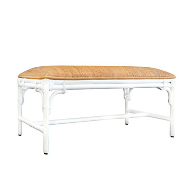 Bench with Natural Rattan Cushion Top and Rattan Base in Painted White