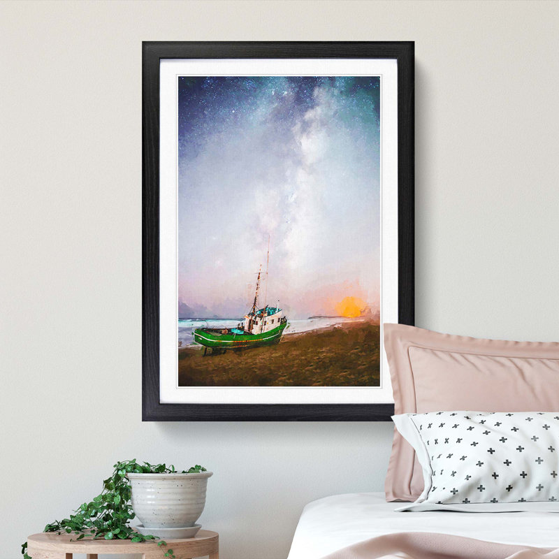 Grounded Fishing Boat at Dusk in Abstract - Picture Frame Graphic Art Print, 87cm H x 62cm W x 2cm D, Black Framed