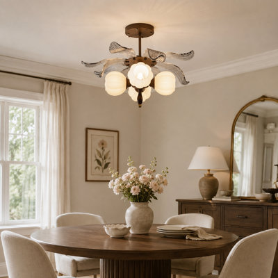 4-Light Semi Flush Mount Ceiling Light, Brown Wood Accent Fixture with White Flower Glass Shades and E26 Warm Bulbs Included