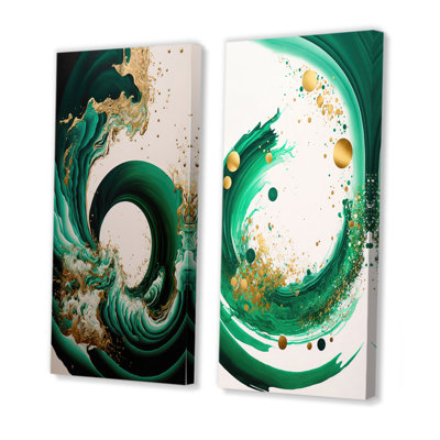 «Emerald Green and Gold Abstract Waves IV», 2 pièces sur toile