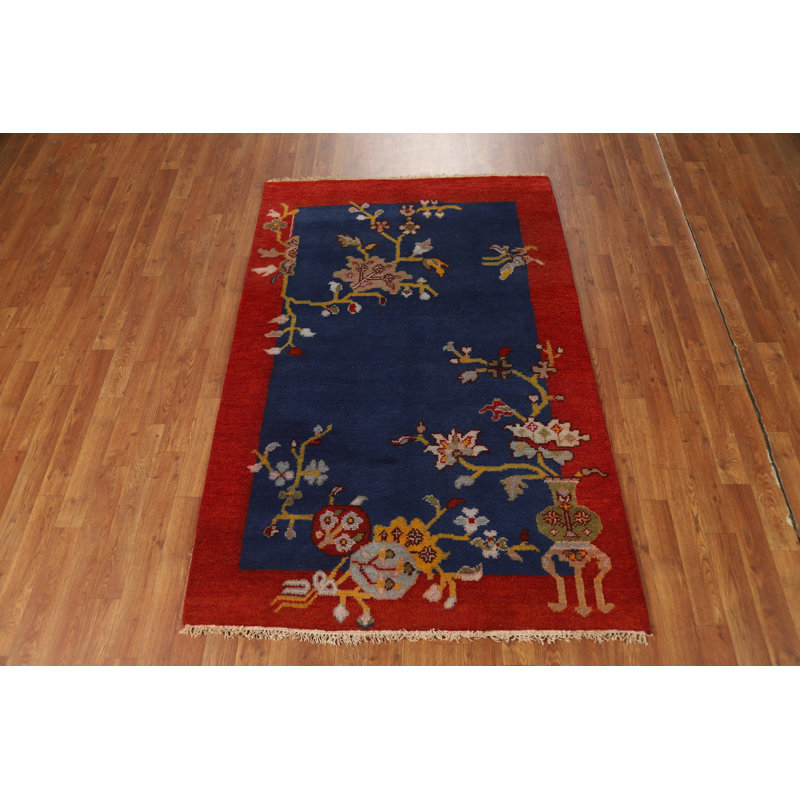 Tapis oriental bleu et rouge à motif floral Art Déco 4 x 6