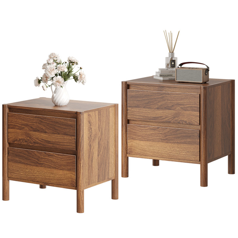 Table de chevet moderne avec 2 tiroirs, table de bout avec pieds ronds pour le salon, chambre à coucher (ensemble de 2), Brun