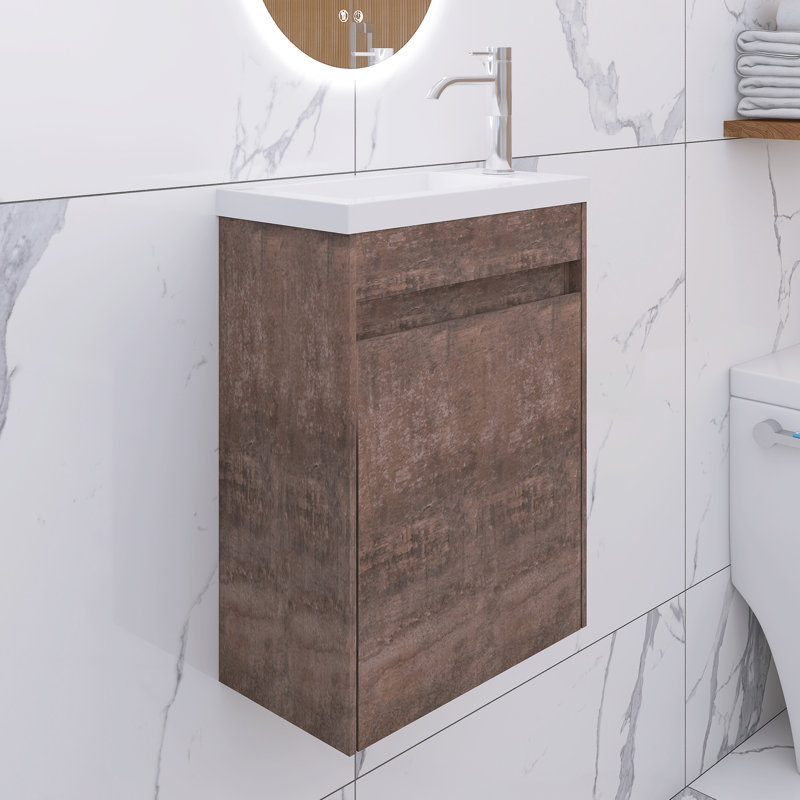 15.75 In. W X 8.66 In. D X 21.67 In. H Single Sink Wall Mounted Bath Vanity In Oak With White Basin, Oak