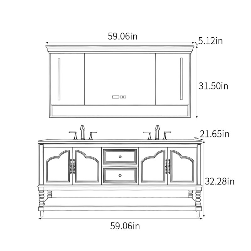 Armoire de salle de bain rétro à double cuve sur pied, Noir, L 59 po