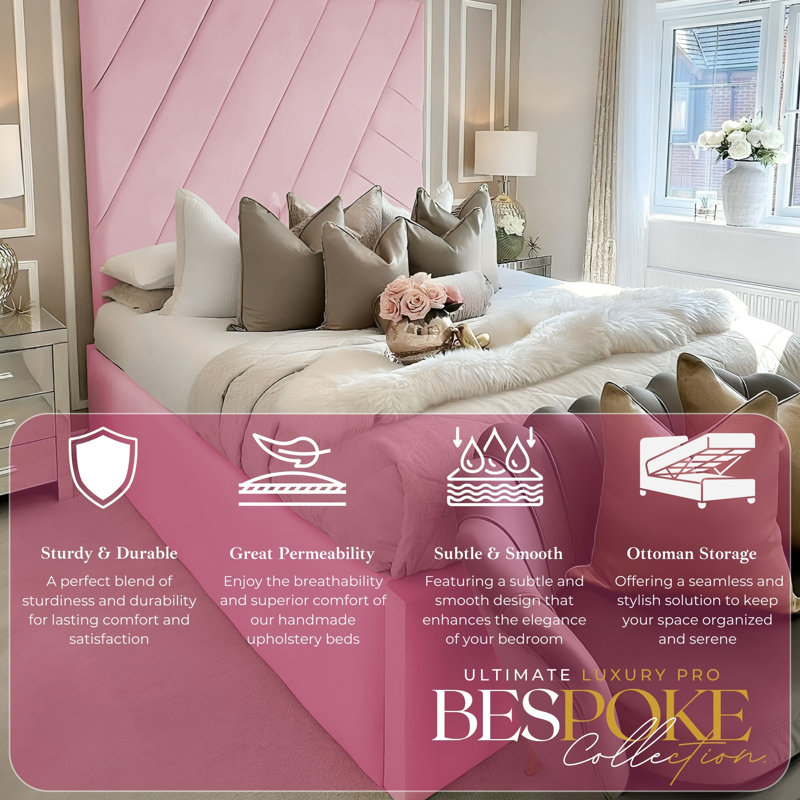 Paragone Upholstered Ottoman Storage Bed Frame - Plush Velvet Gas Lift with Headboard, King, Pink