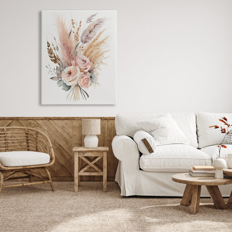 Plumes de bohème et roses sur toile, H 48 po x l 36 po x P 1,5 po