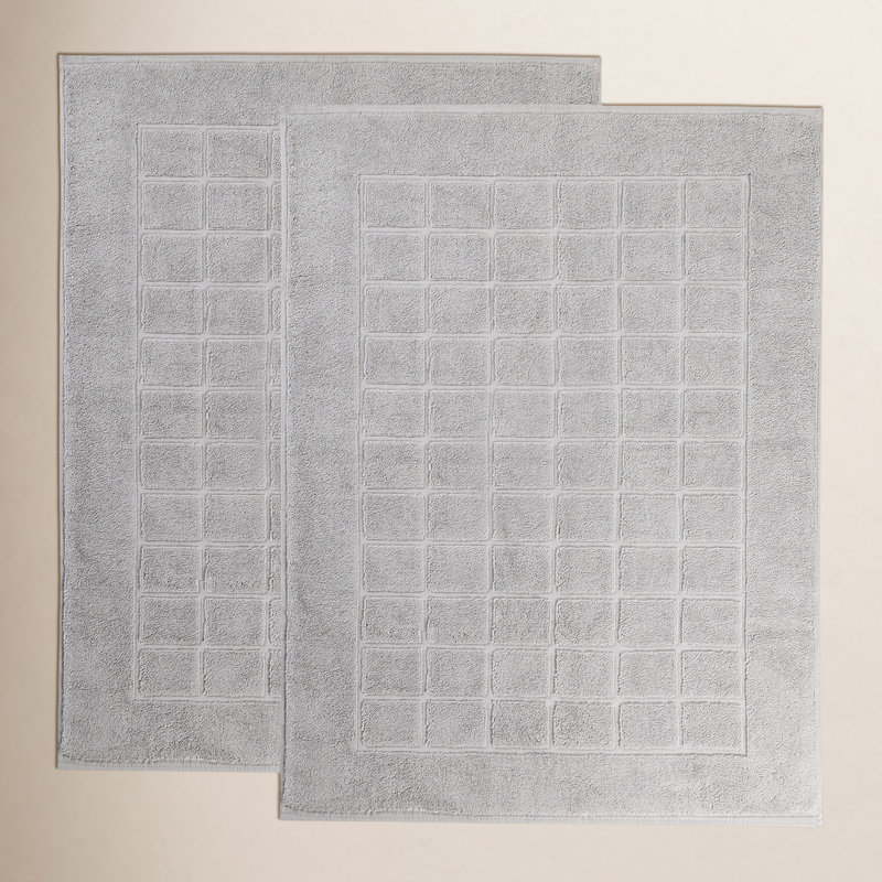 Nora Cotton Terry Solid Absorbent Thick Checkered Washable 2 Piece Bath Mat Set, Silver