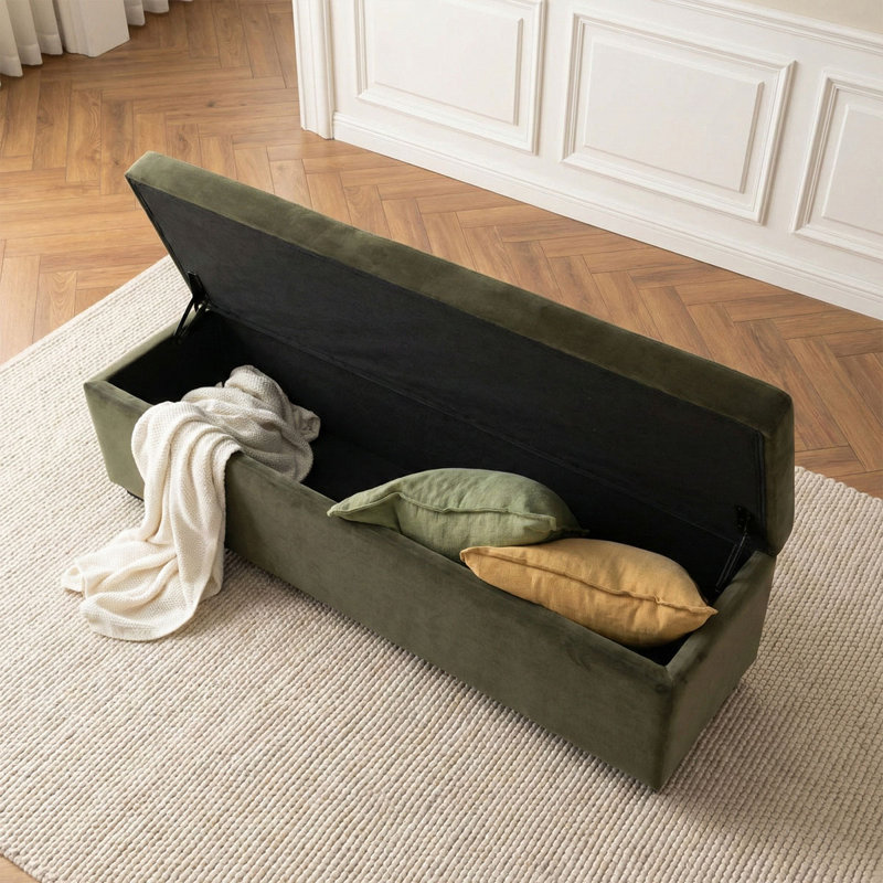 Banc de rangement en velours de 60 po de largeur Mid-Century avec base en bois massif, Vert