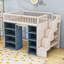 Lit mezzanine double avec tablettes, escalier de rangement et rideau occultant