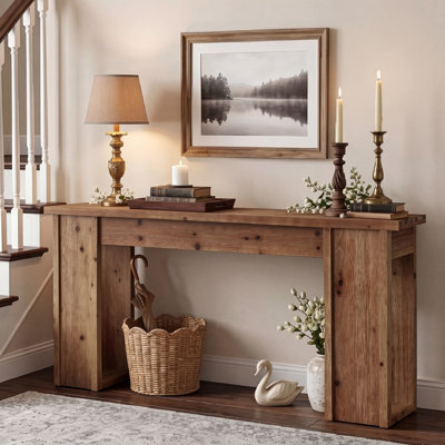 63" Rustic Solid Wood Console Table, Farmhouse Narrow Sofa Table with Open Storage for Entryway