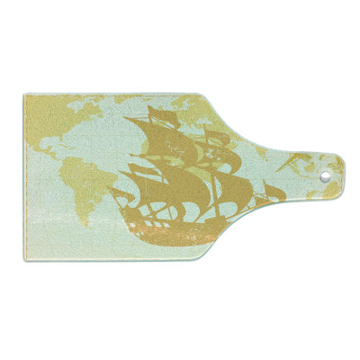 Ambesonne Nautical Tempered Glass Cutting Board Old World Map Sailboat Beige