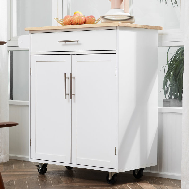 Chariot pour îlot de cuisine, blanc - avec tiroir, armoire et porte-serviettes pour un chariot robuste et spacieux