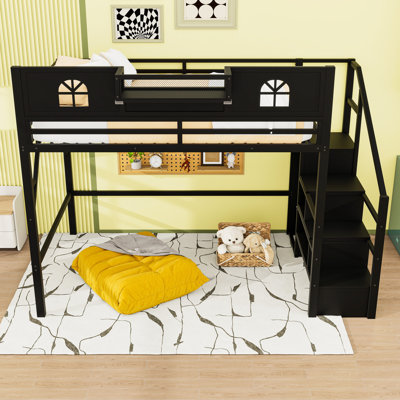 Metal Loft Bed with Storage Stairs and High Guardrails