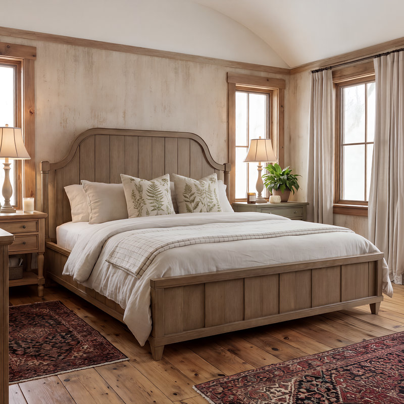 Lit à panneau en planches avec tête de lit arquée et placage d'hickory, Almond, Très grand lit