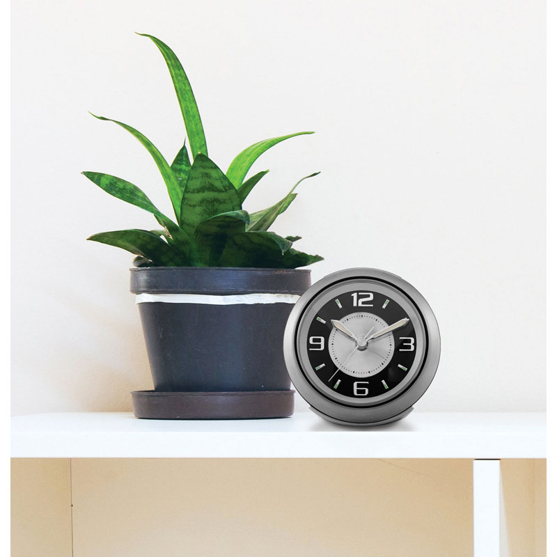 Modern & Contemporary Analog Metal Tabletop Clock with Alarm in Brushed Silver