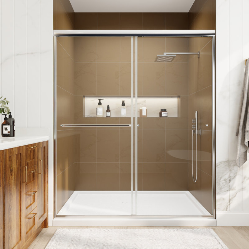 Porte de douche coulissante de demi-cadre avec verre transparent l 60 po x H 70 po, Chrome chrome
