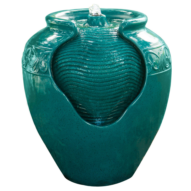 Handcrafted Outdoor Weather Resistant Urn Fountain with Lights, Turquoise