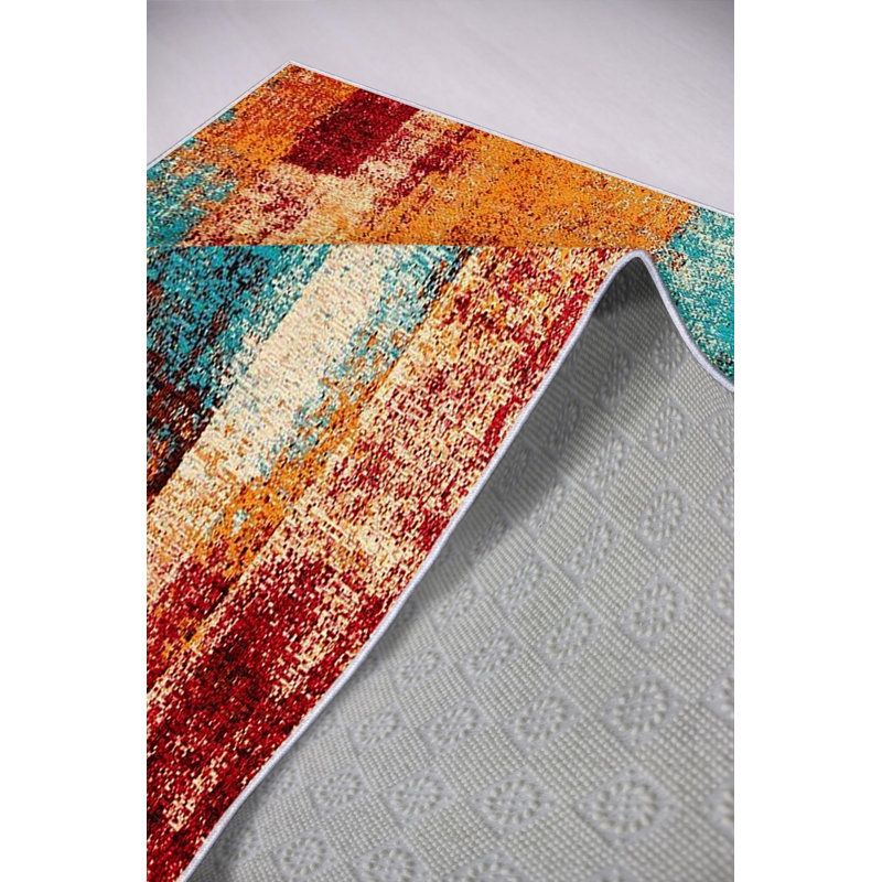 Rectangle Hall Abstract Machine Braided Polyester Area Rug in Blue/Orange/Red, Rectangle 2' x 3'3"
