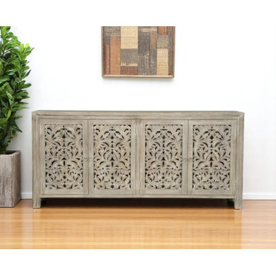 78" Gray Distressed Solid Wood Carved Floral Sideboard with Four Doors