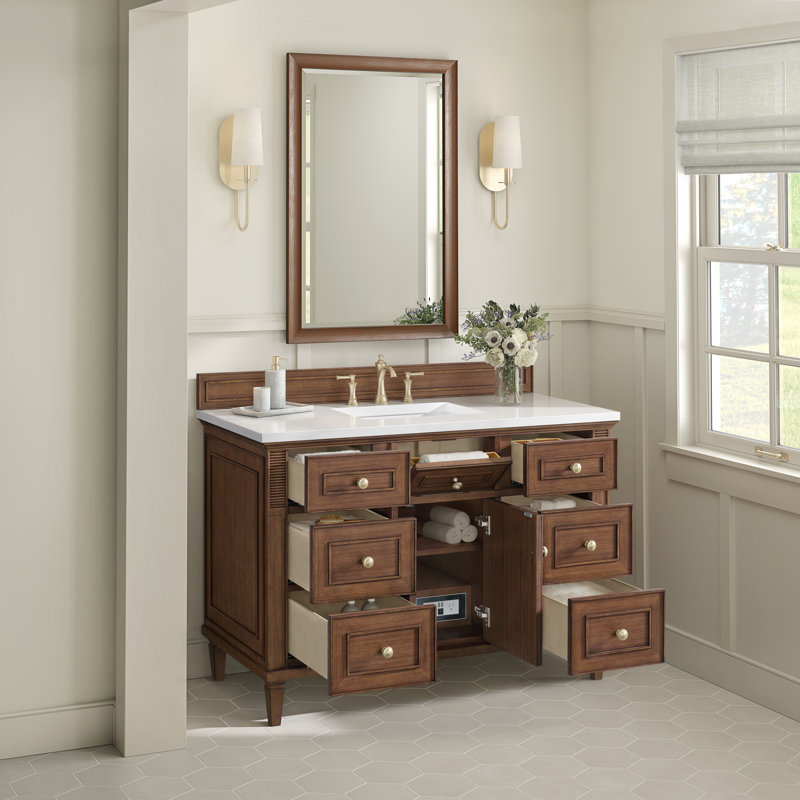 Lorelai 48'' W Single Vanity, White Zeus Quartz, Mid-Century Walnut, 8" Widespread