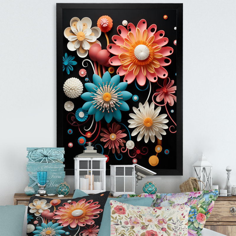 Impression sur toile Funky Foliage Vibrant Flowers On Black I, H 40 po x l 30 po x P 1,5 po, Cadre simple noir