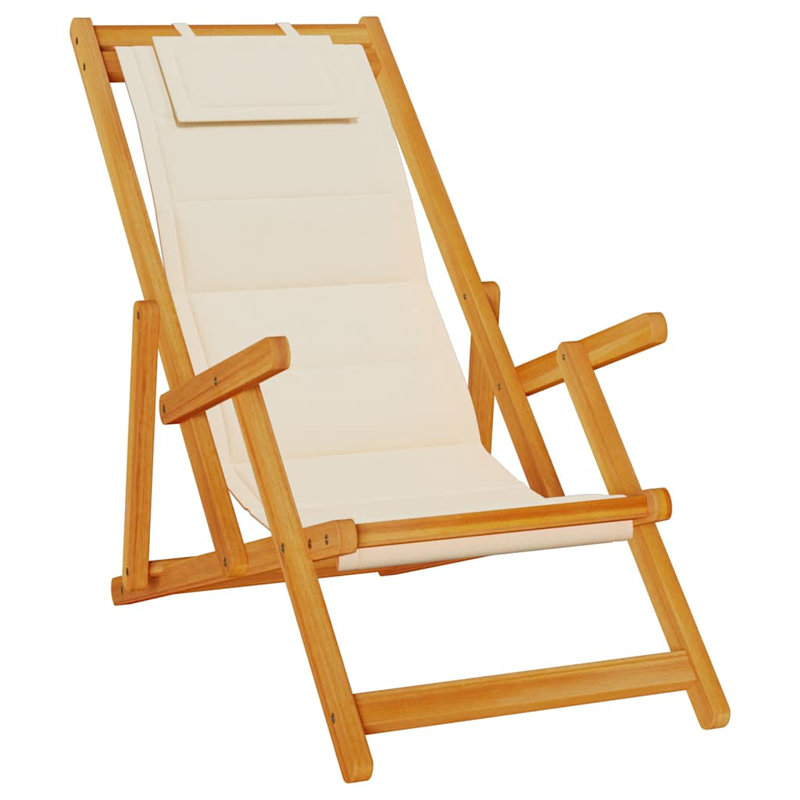 Folding Beach Chair With Armrests Acacia Wood & PVC-coated polyester, Cream