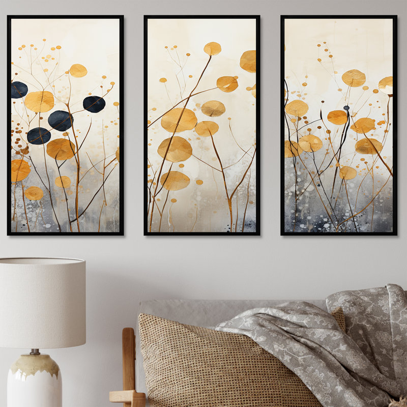 Beige et or florissant «Flora Wonders - Plants», ensemble d'art mural, Cadre flottant noir, H 32 po x l 48 po x P 1 po