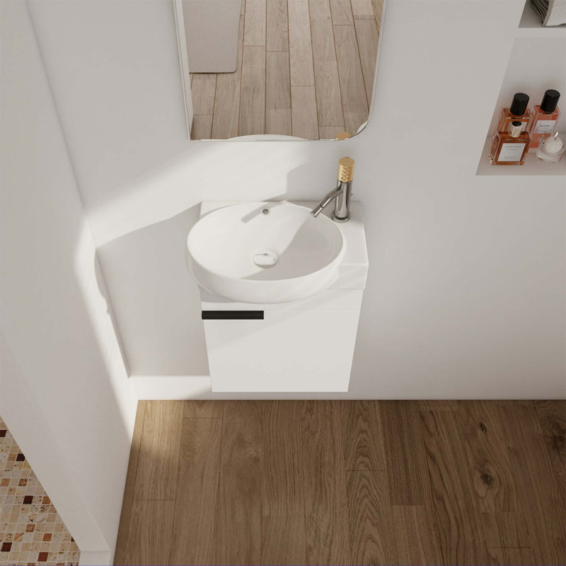 Meuble-lavabo simple avec plateau en céramique Zayvon, Blanc lustré