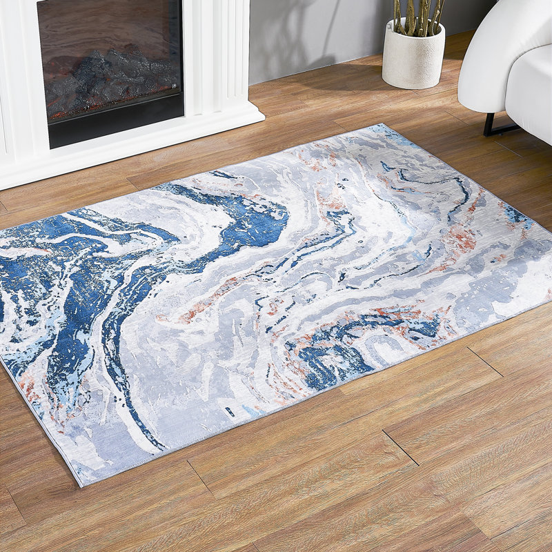 Kasperitis Non-Slip Machine Washable Abstract Area Rug in Blue/White/Grey for Living Room, Bedroom, Hallway Runner Indoor Rugs