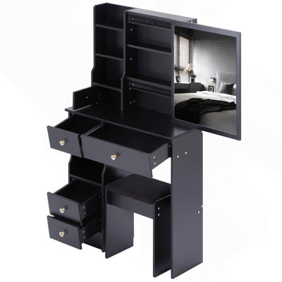 29.2" Small Space Left Drawer Desktop Vanity Table With Cushioned Stool,Multi-Layer High Capacity Storage, Practical Fashionable Dresser,