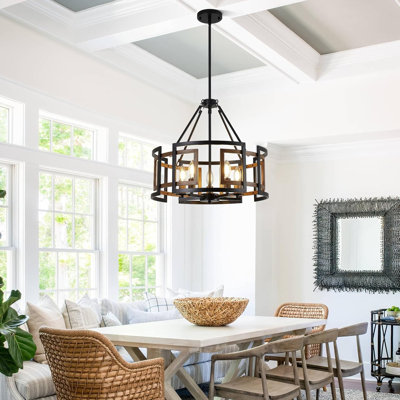 Luminaire de salle à manger de 20 po / lustre au-dessus de la table, lustres de ferme à 5 lumières noir et grain de bois pour la salle à manger, luminaire suspendu industriel en métal pour vestibule de vestibule d'îlot de cuisine