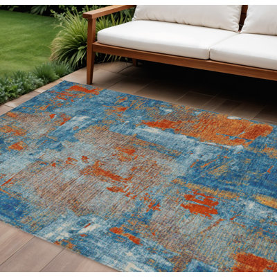 Tapis extérieur lavable abstrait bleu marine et ivoire 9 pi x 12 pi
