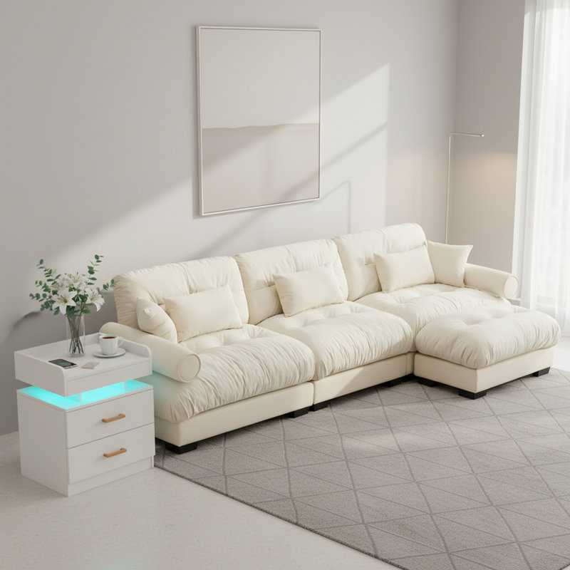 Ensemble 2 pièces canapé modulaire en velours de 130 po et table d'appoint à DEL avec repose-pieds crème