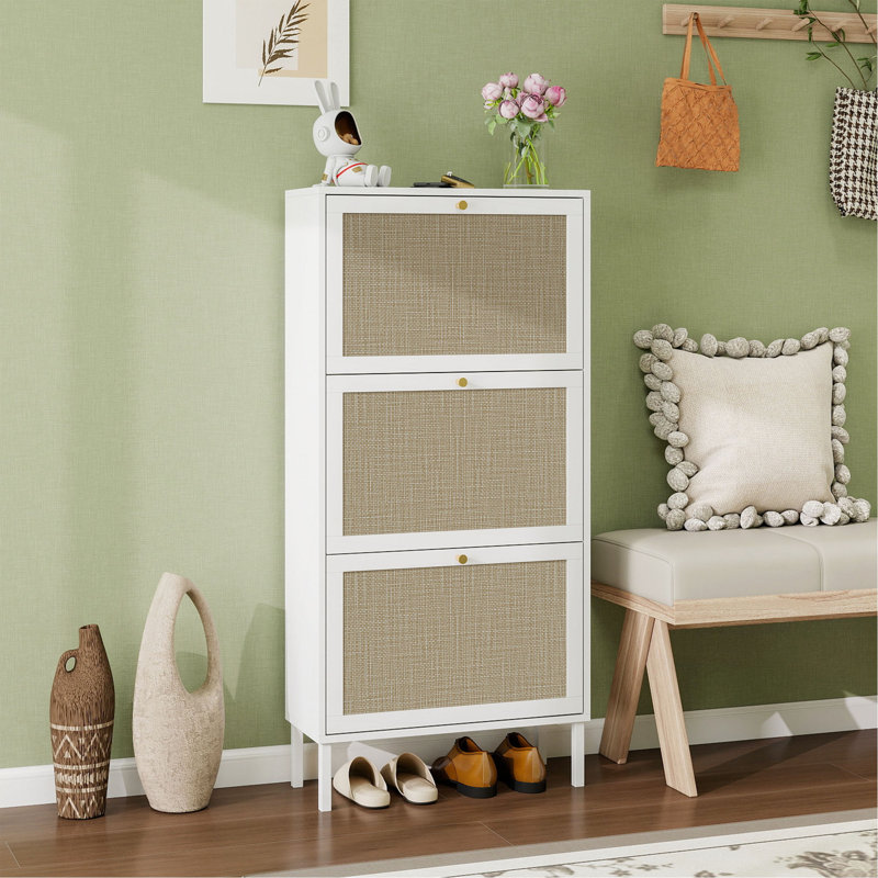 Étagère à chaussures en rotin 3 portes, armoire de rangement pour chaussures moderne autoportante, pour vestibule, Blanc